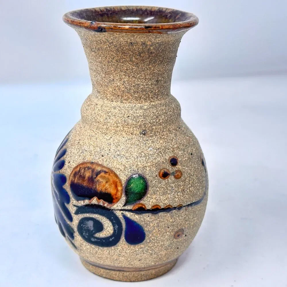 Vintage Tonala Mexican Pottery Vase Signed EM Mex Hand Painted Folk Art 4.75x3